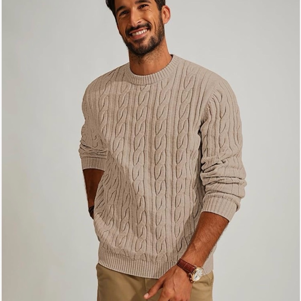 Men's Cable Knit Crewneck Sweater - Stone Beige  Size XL NWT